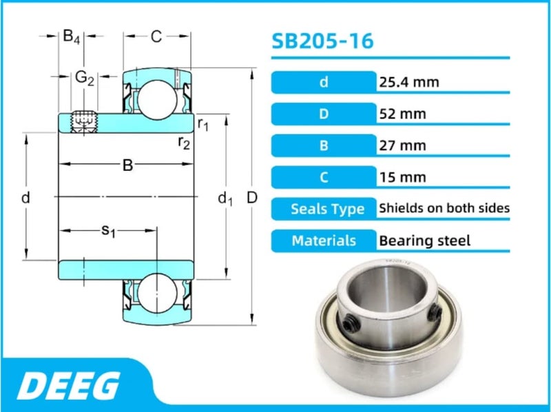 DEEG 1" Insert Ball Bearing with Set Screws SB205-16,FHS205-16,AS205-100,YA100RRB,Used in Wood Chipper,Snowblower,ATV's - Image 4